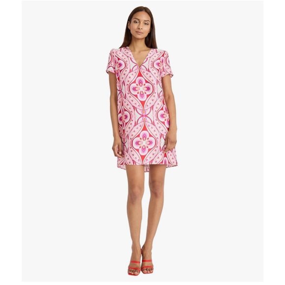 Donna Morgan Printed Mini Party Dress – Pink/Ivory Multi, Size 14 - Picture 2 of 6